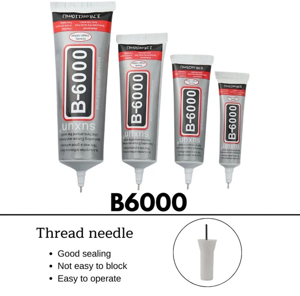 Four silver squeeze tubes of unxs B-6000 thread locking compound in varying sizes, shown above a text section describing the thread needle feature and an inset diagram.