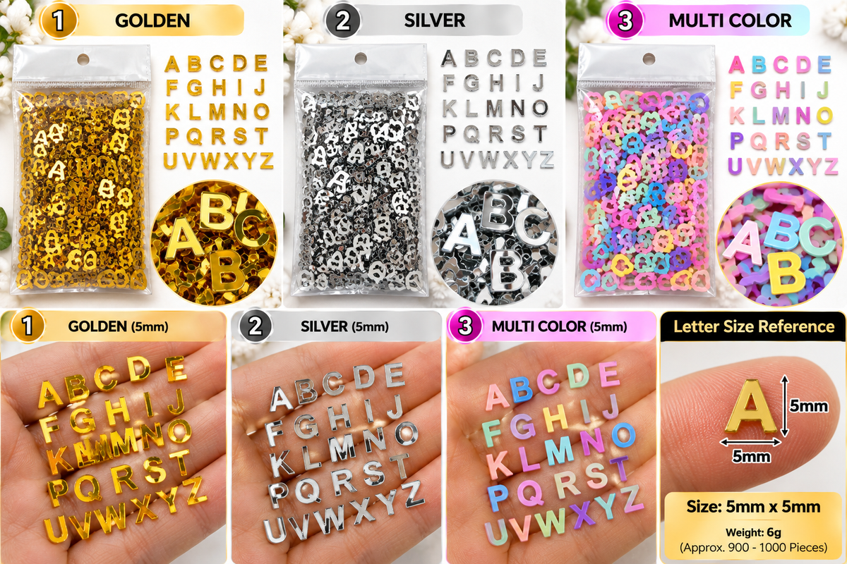 Six-pack of alphabet letter stickers in gold, silver, and multi-color options, shown in packaging, held in hands, and with a size reference diagram.