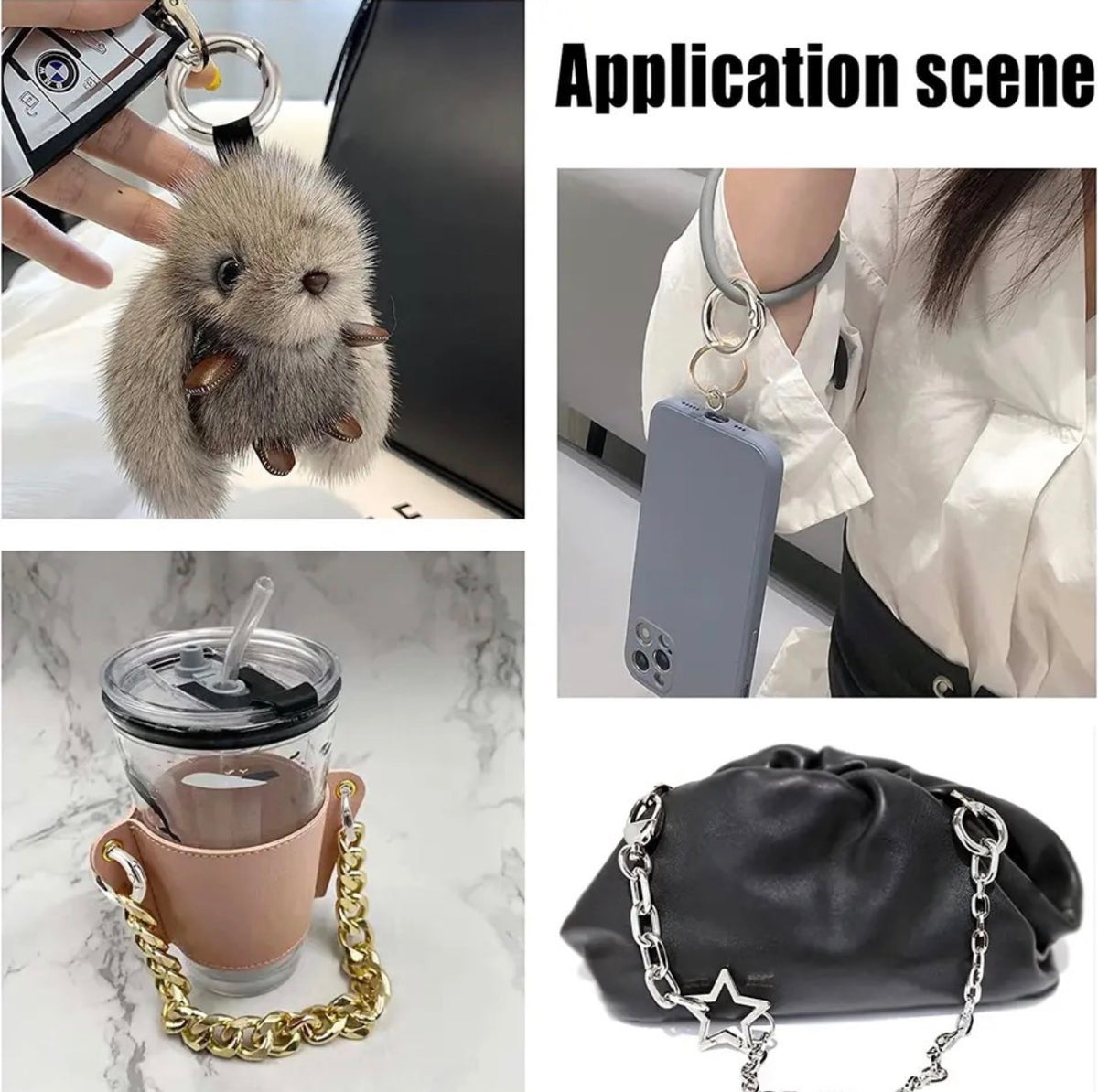 A collage showing a small plush animal keychain/charm in four usage examples: attached to a car key, worn on a wrist with a phone, wrapped around a cup, and hanging from a black bag. The collage includes the text 'Application scene'.