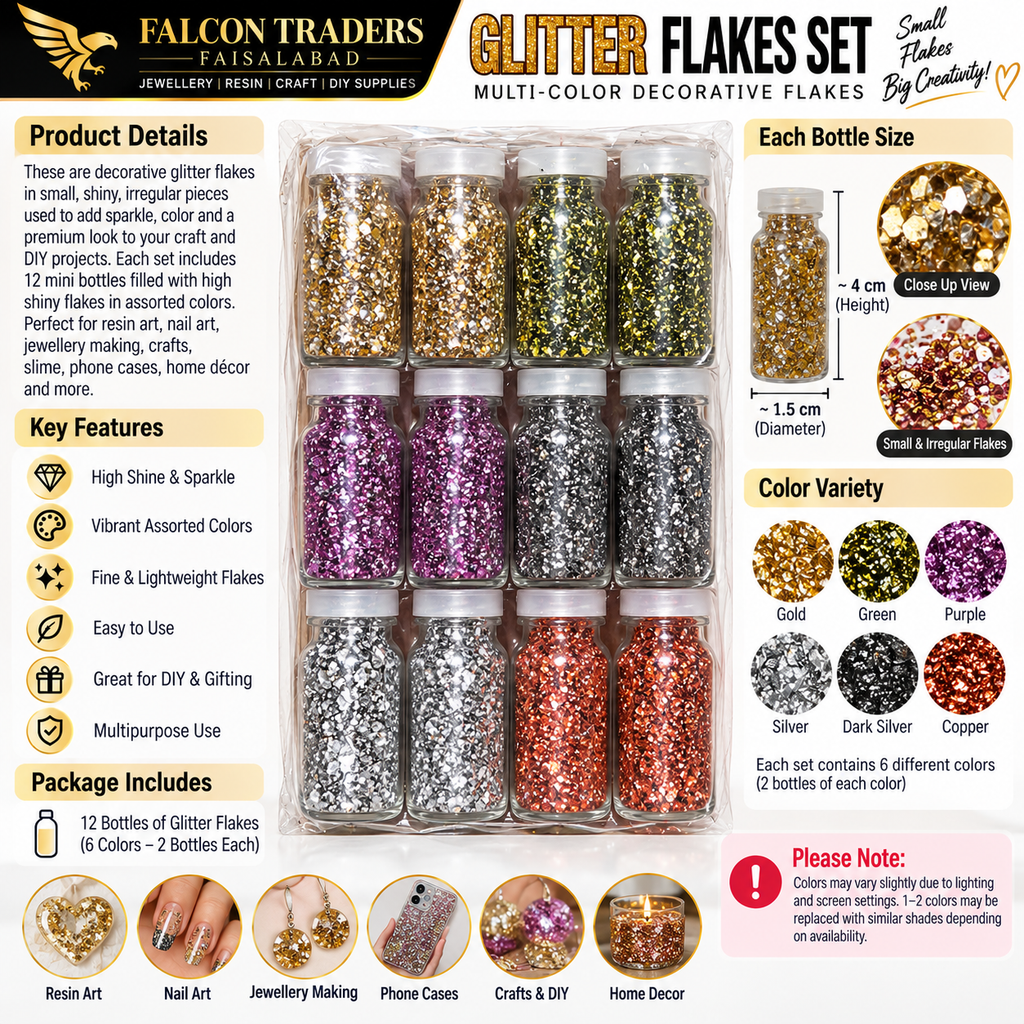 Falcon Traders Glitter Flakes Set multi-color decorative glitter flakes in 12 mini bottles, shown in a grid of pink, purple, green, orange, and silver glitter with product details, dimensions, and application examples on a white background.