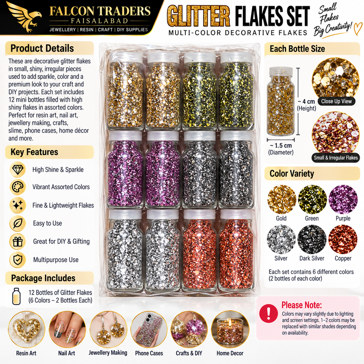 Falcon Traders Glitter Flakes Set multi-color decorative glitter flakes in 12 mini bottles, shown in a grid of pink, purple, green, orange, and silver glitter with product details, dimensions, and application examples on a white background.
