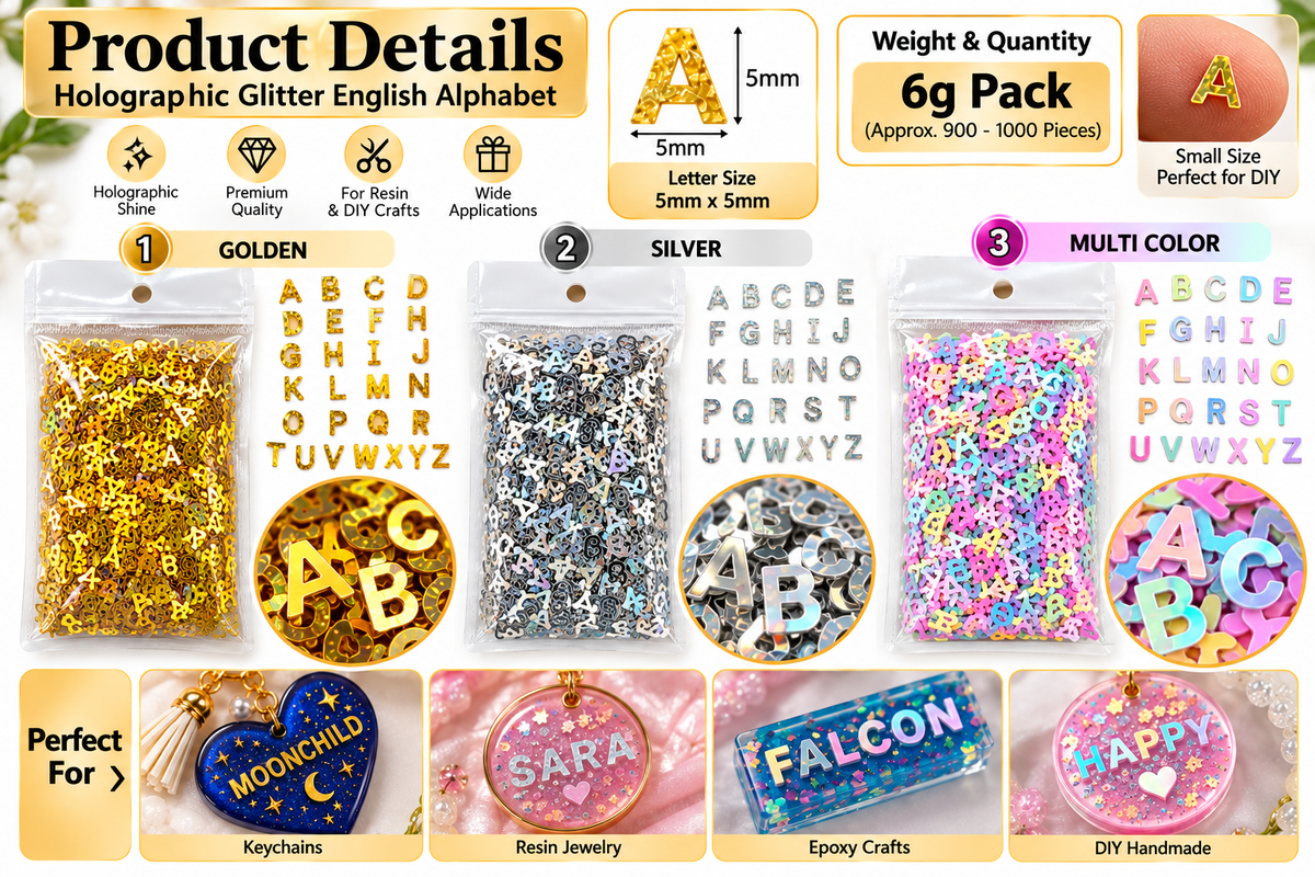 A product detail graphic for a 6g pack of holographic glitter English alphabet letters. The image shows multiple clear bags of glitter letters in different colors and finishes (gold, silver, multi-color holographic) with sample application photos on keychains and resin jewelry at the bottom.
