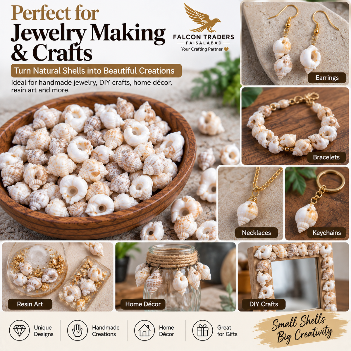 A promotional collage for small seashell jewelry and crafts. The main panel shows many small spiral seashells in a wooden bowl, with inset photos demonstrating shell jewelry made into earrings, bracelets, necklaces, keychains, resin art, home decor, and DIY crafts.