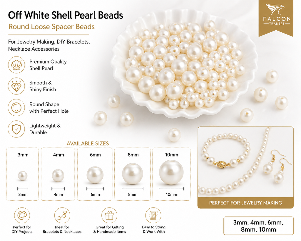 3mm/4mm/6mm/8mm/10mm Off White Shell Pearl Beads – Round Loose Spacer Beads for Jewelry Making, DIY Bracelets & Necklaces