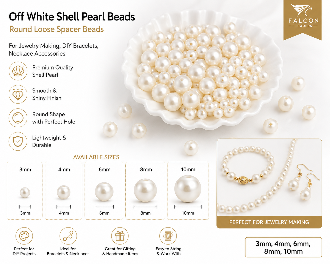 3mm/4mm/6mm/8mm/10mm Off White Shell Pearl Beads – Round Loose Spacer Beads for Jewelry Making, DIY Bracelets & Necklaces
