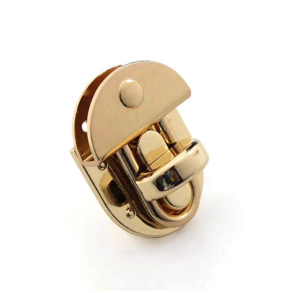 A polished gold-toned metal clasp or latch component shown on a clean white background.
