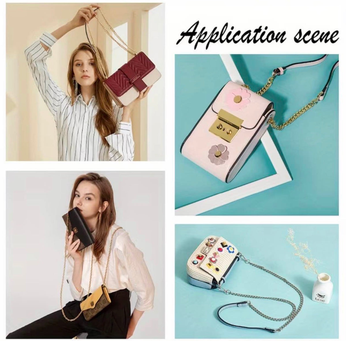 A four-panel collage showcasing a quilted crossbody handbag in different styling contexts. The top-left panel shows a woman holding a burgundy quilted bag with a gold chain strap.