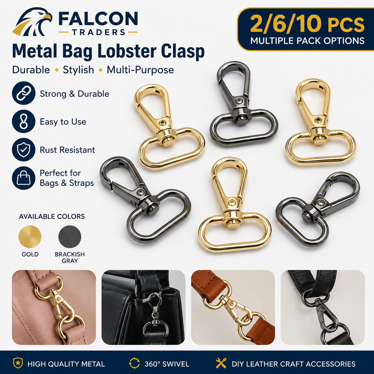 Falcon Traders Metal Bag Lobster Clasp in multiple pack options, showing several lobster clasps in gold and black/brackish gray finishes, along with color swatches and small example photos of leather bag attachments.