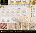 A promotional collage for Ivory Flatback Pearls by Falcon Traders, showing round faux pearl beads in sizes 4mm to 12mm, with front and back views, decorative nail art examples, a phone case example, a bow example, and feature callouts on a white background.