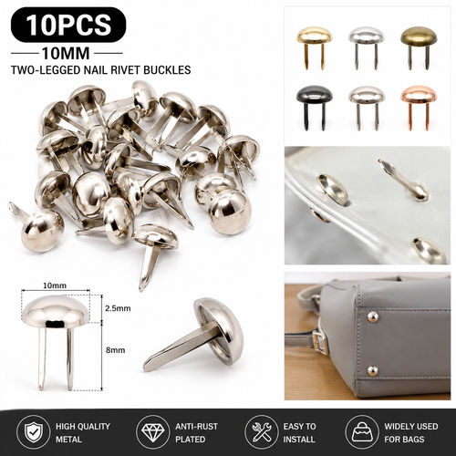 10-piece set of 10mm two-legged nail rivet buckles in polished silver-tone metal, shown on a white background with product details, color options, installation close-up, and feature icons.