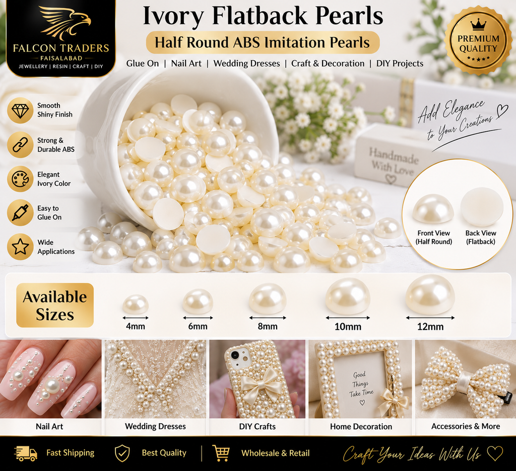 A promotional graphic for Ivory Flatback Pearls by Falcon Traders, showing a white cup tipped over with many glossy ivory flatback pearls spilling out. The layout includes product title text, feature icons, size measurements from 4mm to 12mm, and example nail art, wedding dress, DIY craft, home decor, and accessory applications.