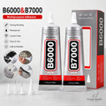 Two tubes of BU LAI EN B6000 and B7000 multipurpose adhesive shown with their retail box on a light gray background. The image includes feature callouts, application tips, and a Falcon Traders Factory logo.