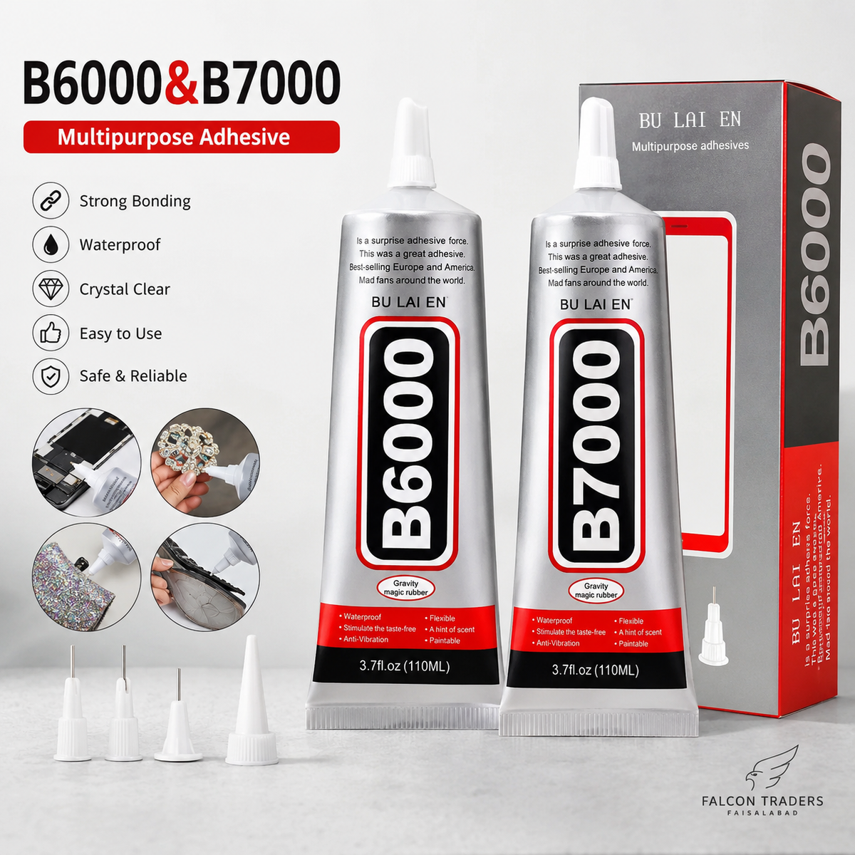 Two tubes of BU LAI EN B6000 and B7000 multipurpose adhesive shown with their retail box on a light gray background. The image includes feature callouts, application tips, and a Falcon Traders Factory logo.