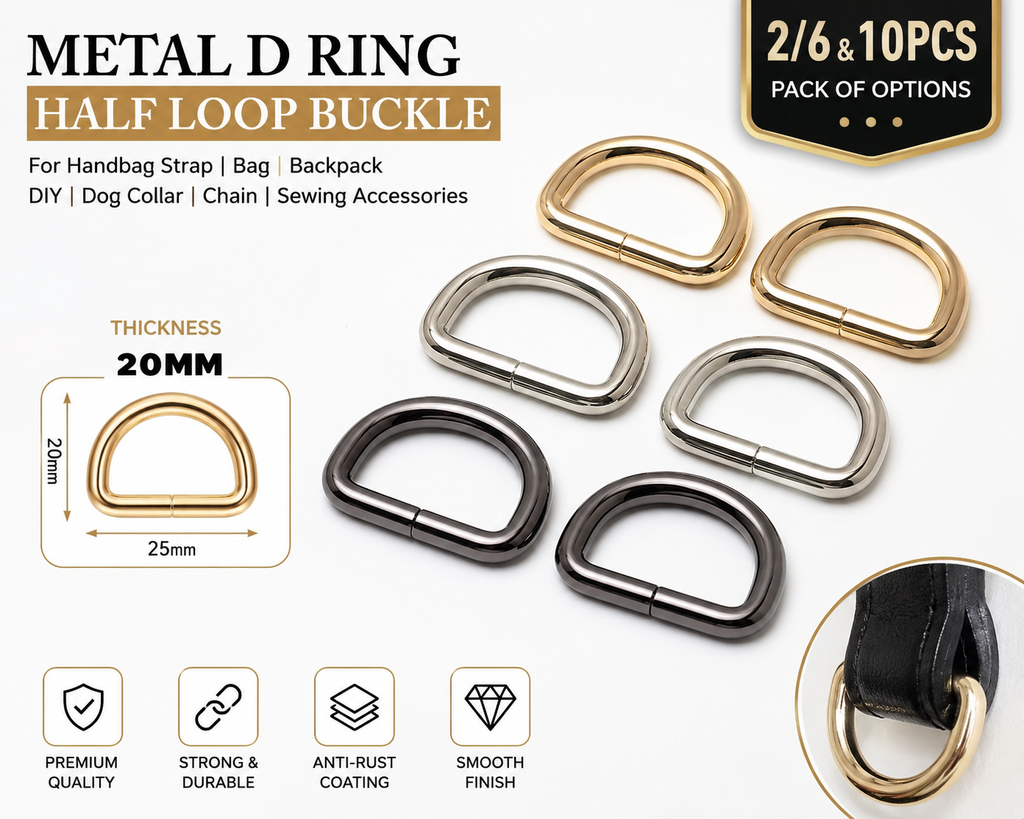 Six metal D-ring buckle options in gold, silver, and gunmetal gray, displayed on a white background with product specifications, thickness measurements, feature icons, and a close-up inset showing the ring attached to a black strap.
