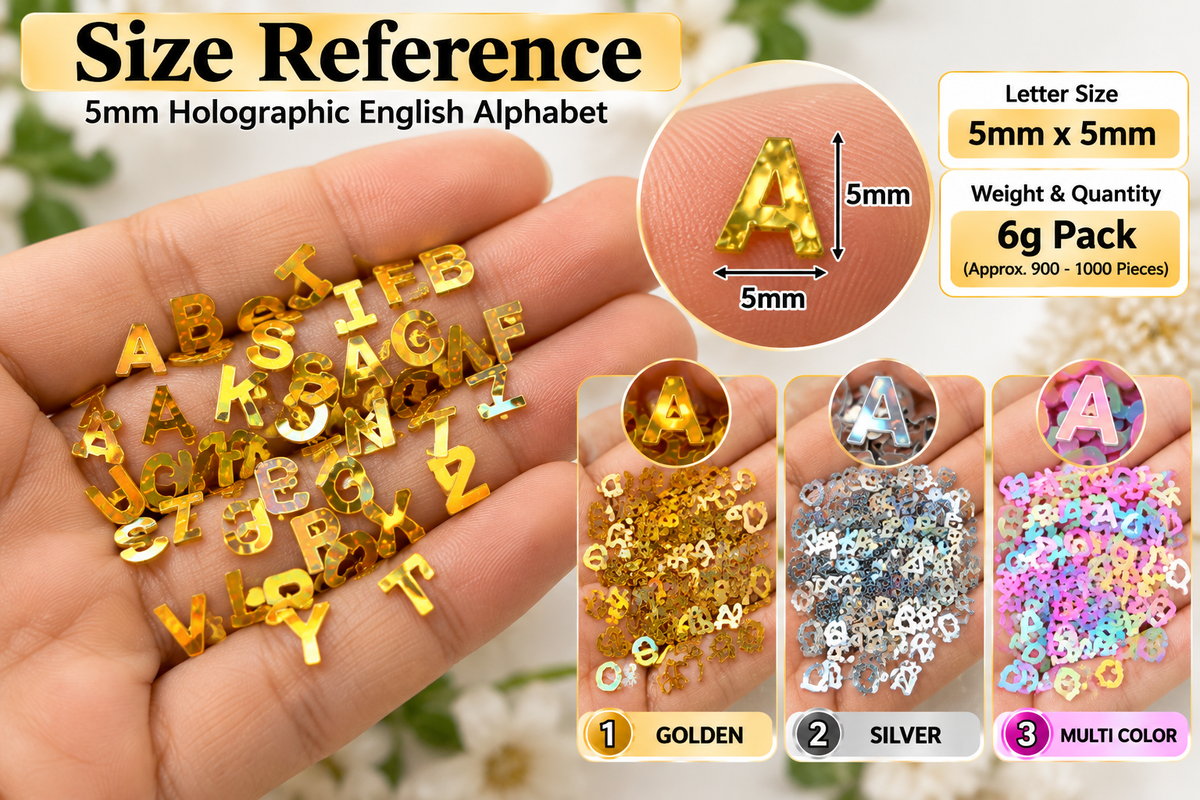 A hand holding many small holographic alphabet letter charms, with a large 'Size Reference' panel showing letter size 5mm x 5mm, weight/quantity 6g pack, and three color options: golden, silver, and multi-color.
