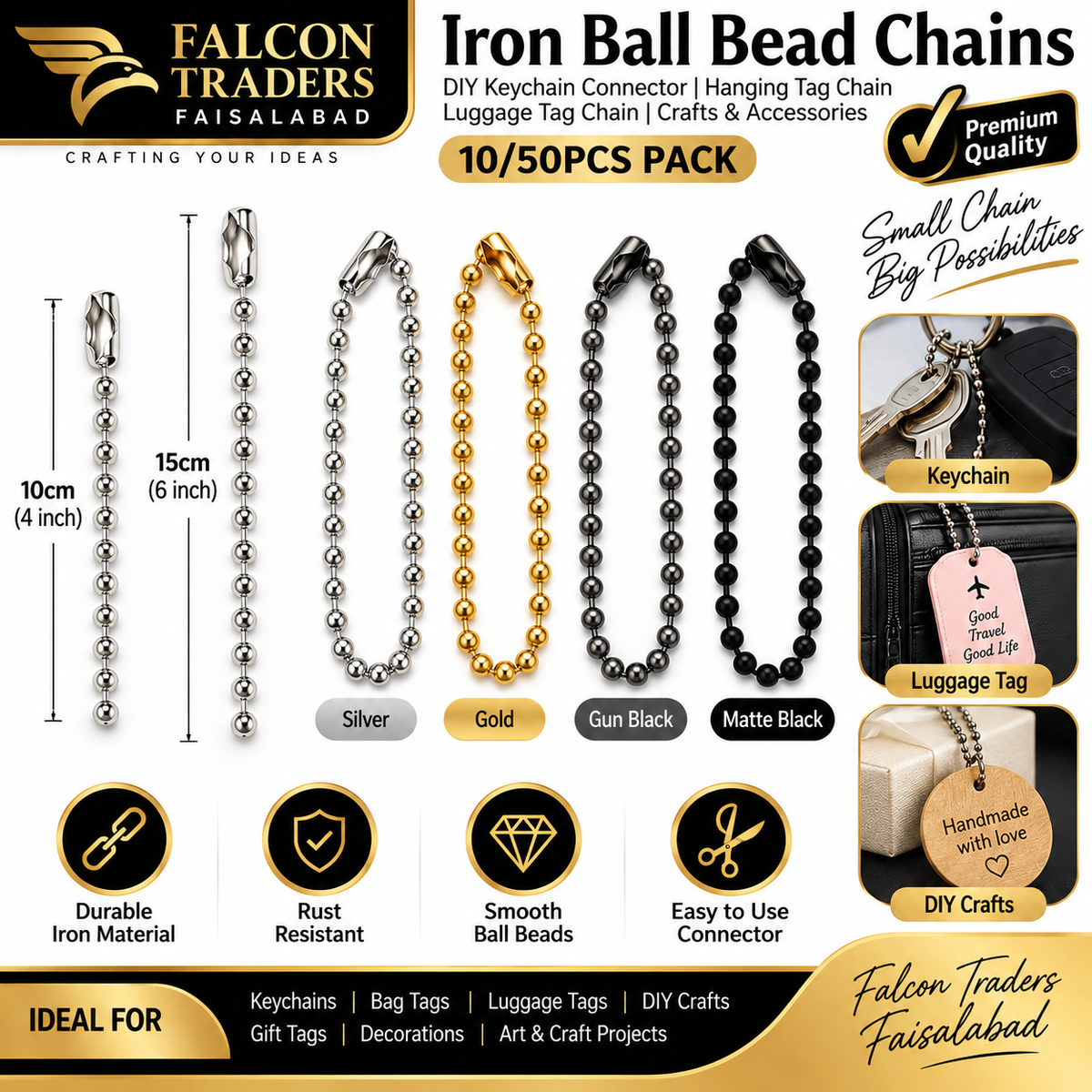 10cm 15cm iron ball bead chain with connector for keychains and luggage tags