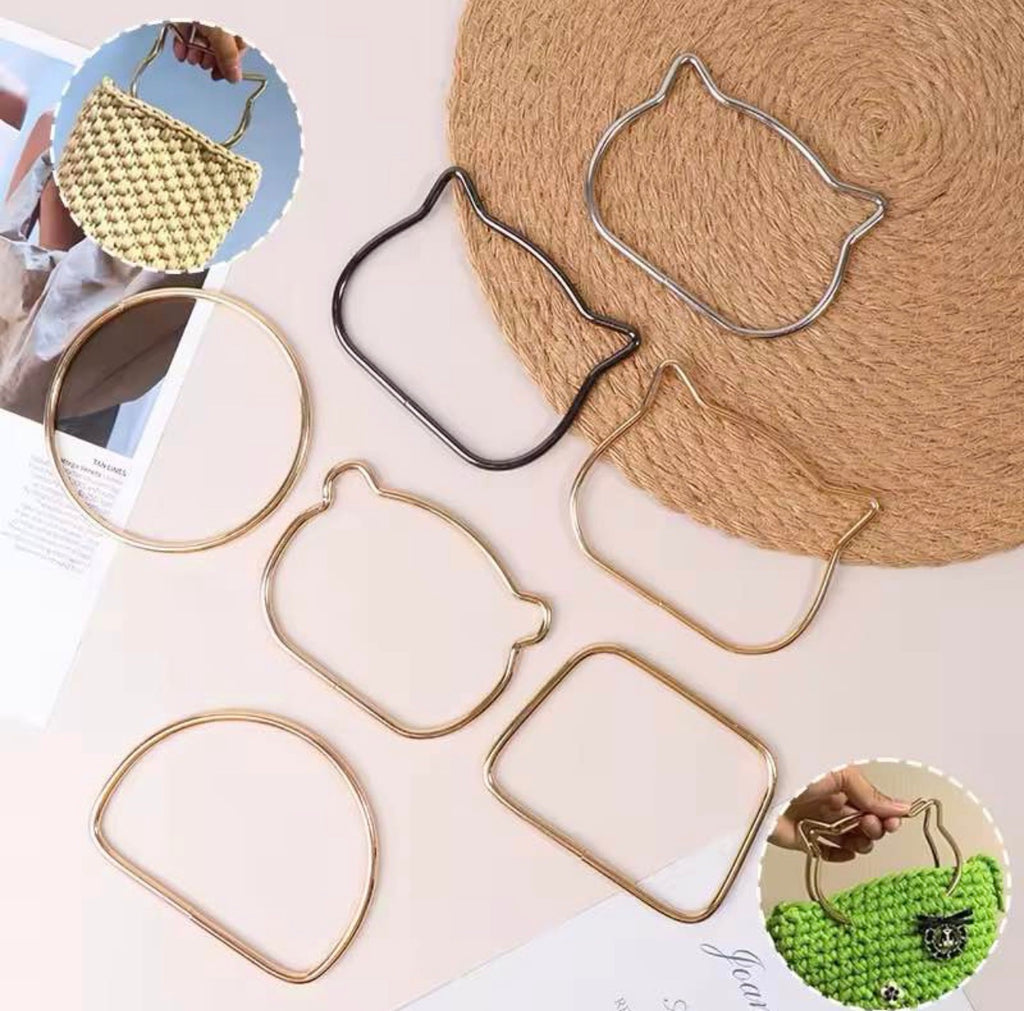 Five metal frame accessories in different shapes and finishes (gold, silver, black) are displayed on a light pink background next to a woven straw mat. Two circular inset images show hands holding woven handbags, demonstrating how the frames might be used or styled.