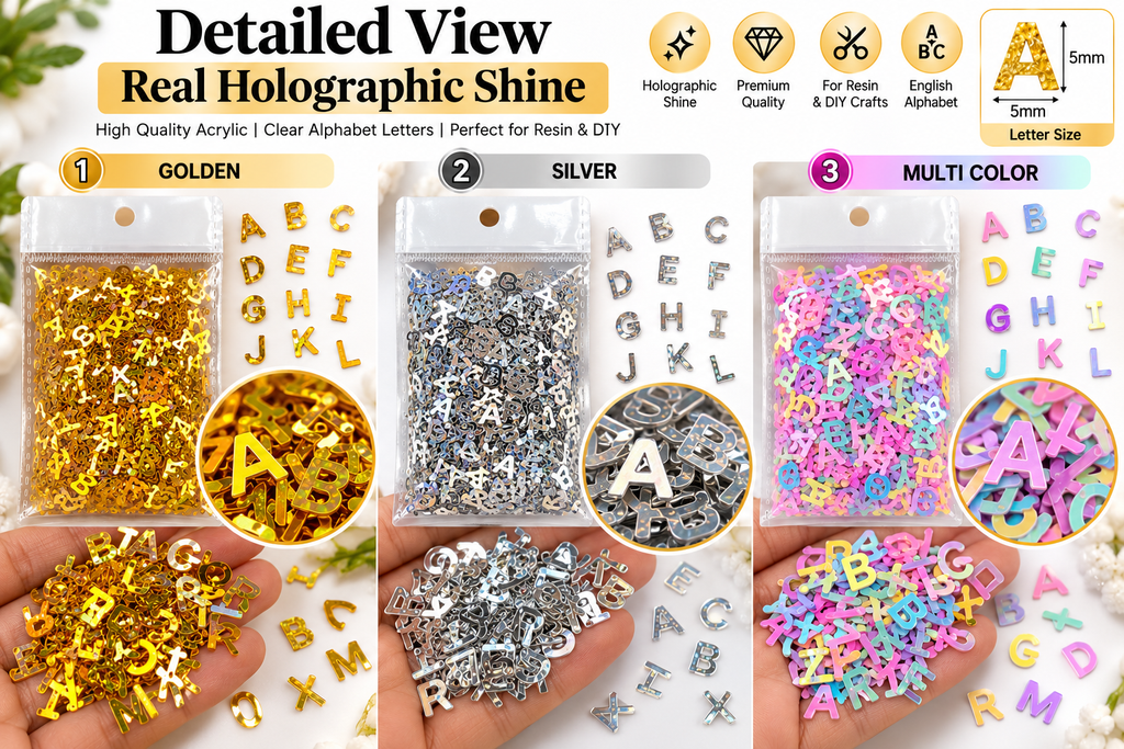 Three packages of acrylic alphabet letter charms shown with hands holding loose letters, plus text and icons indicating gold, silver, and multi-color options. The image highlights holographic shine, premium quality, and suitability for resin and DIY craft projects.