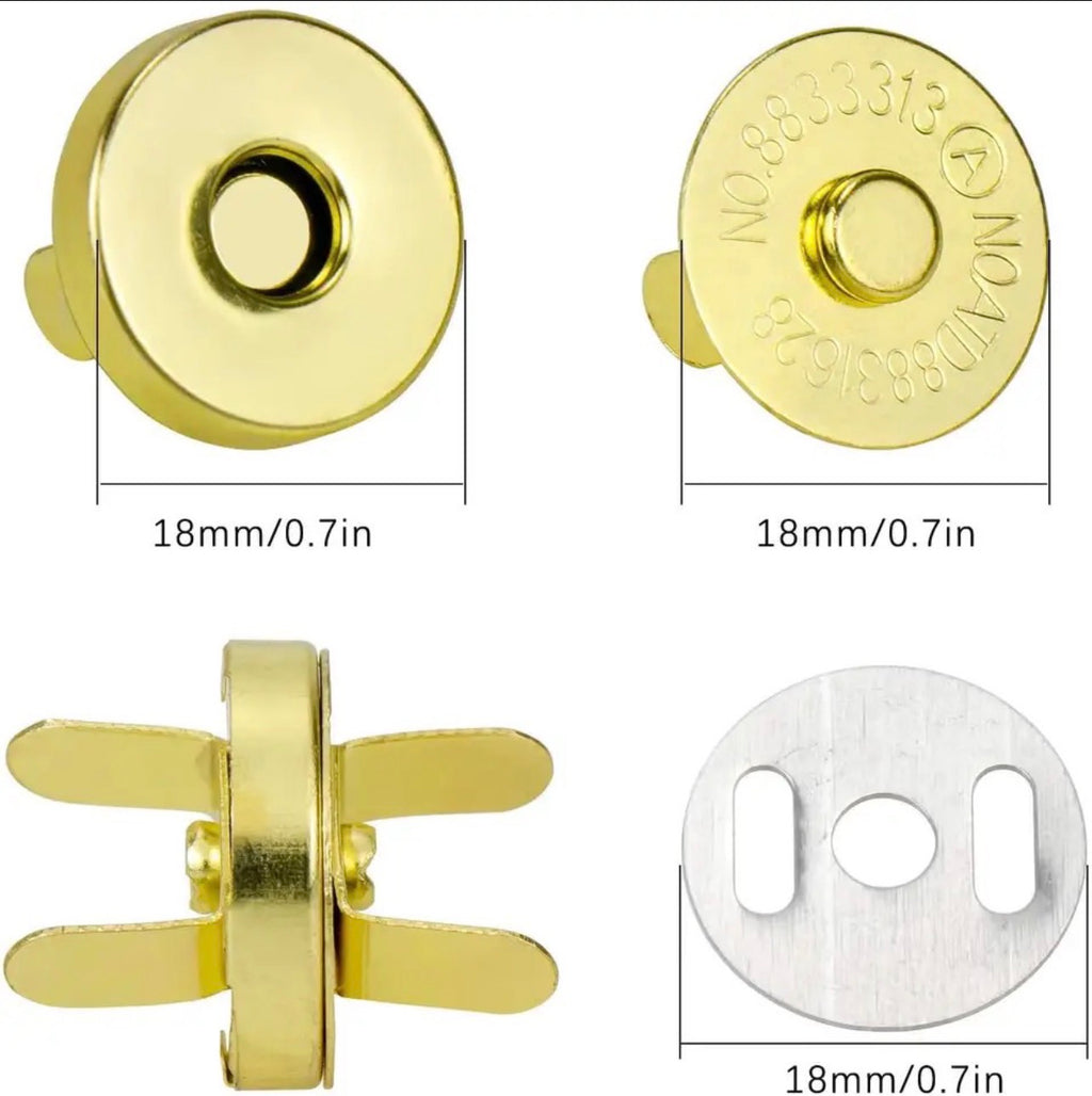 Gold-toned magnetic snap button hardware shown from multiple angles with dimension labels reading 18mm/0.7in on a white background.