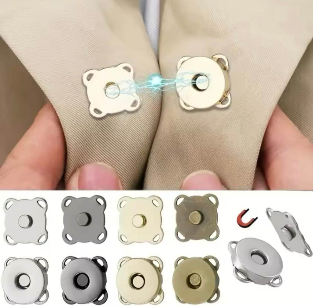 Close-up of two magnetic snap buttons attached to beige fabric, with a small inset strip showing multiple color options and a red magnet piece.