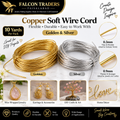 A promotional graphic for Falcon Traders showing two coils of copper soft wire cord in gold and silver, with text and small example images demonstrating use for jewelry, earrings, crafts, and home decor.