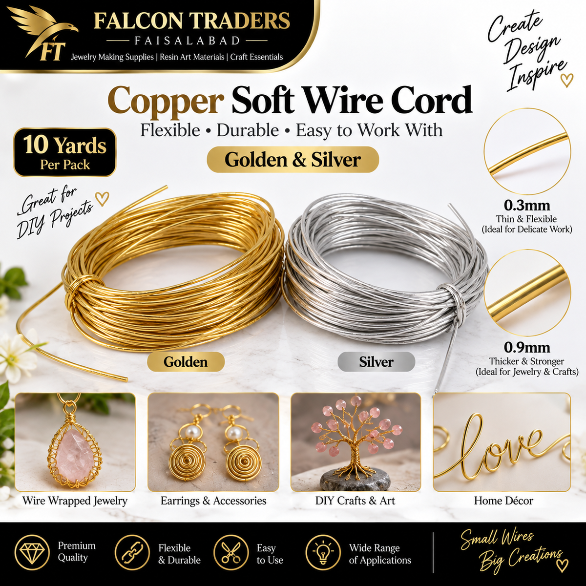A promotional graphic for Falcon Traders showing two coils of copper soft wire cord in gold and silver, with text and small example images demonstrating use for jewelry, earrings, crafts, and home decor.
