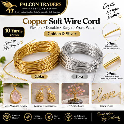 A promotional graphic for Falcon Traders showing two coils of copper soft wire cord in gold and silver, with text and small example images demonstrating use for jewelry, earrings, crafts, and home decor.