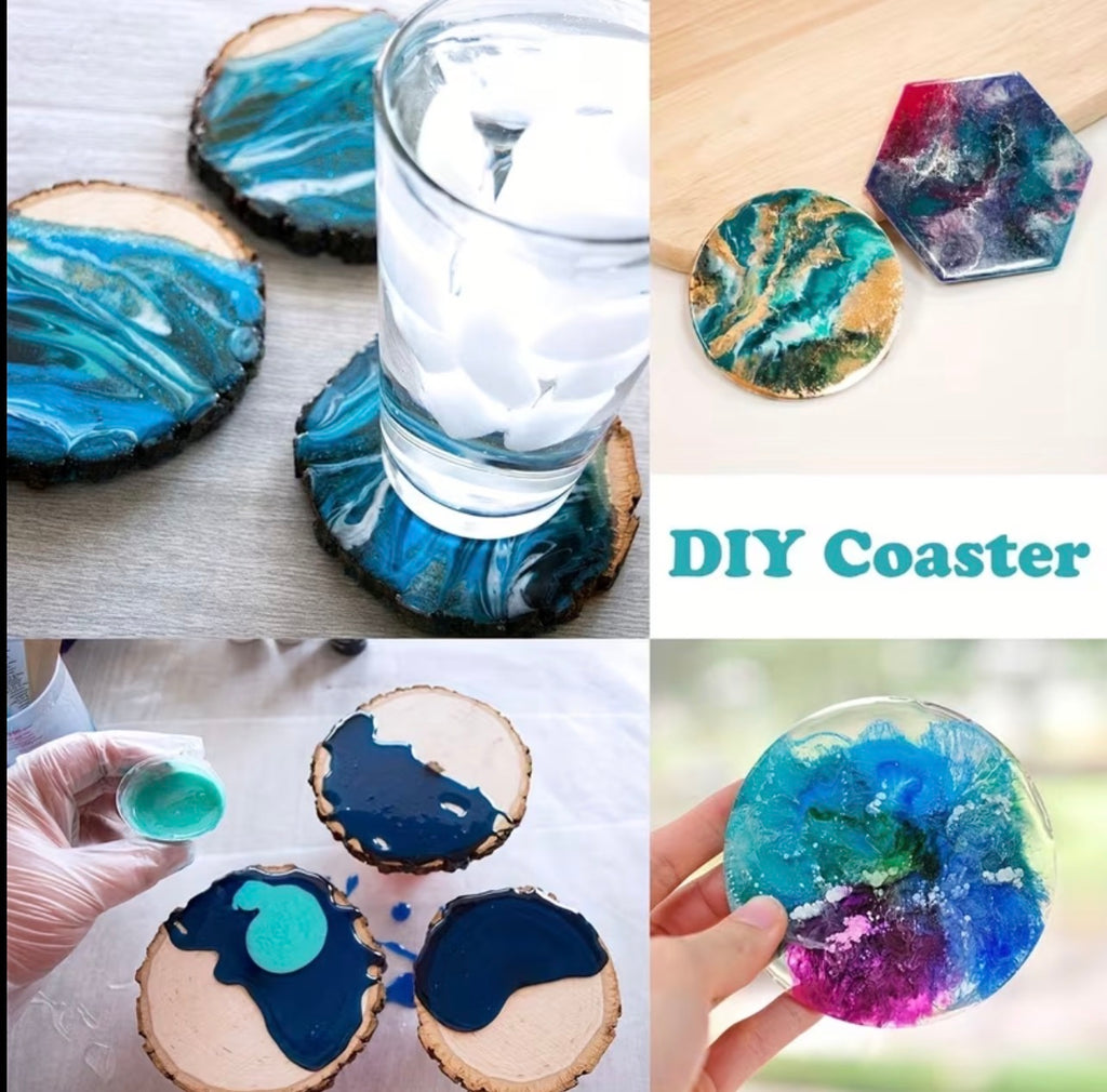 A collage showing DIY coaster projects: round and hexagonal coasters with marbled blue, teal, purple, and gold designs, one glass of water resting on blue coasters, a hand holding a colorful round coaster, and the text 'DIY Coaster' on a light background.