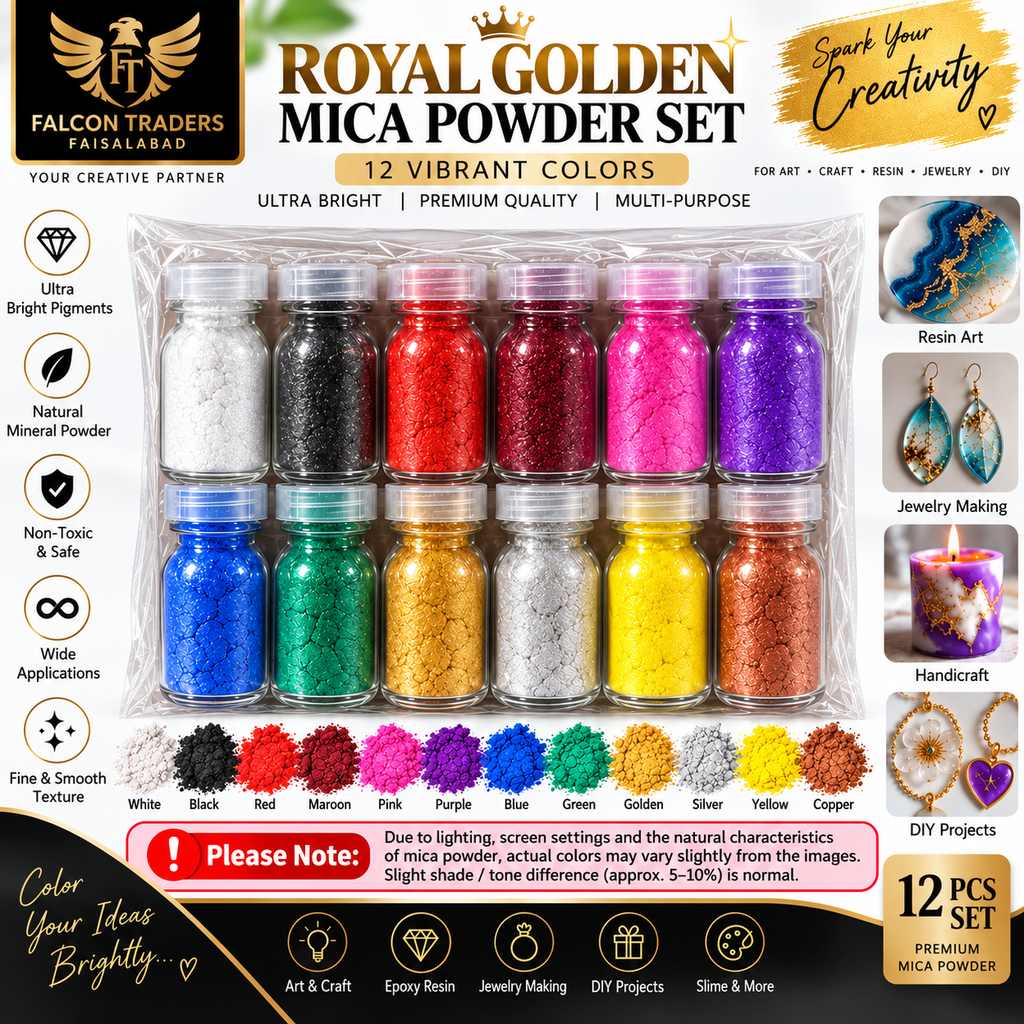 Falcon Traders Royal Golden Mica Powder Set in 12 vibrant colors, featuring 12 small bottles of colored mica powder in a clear plastic case, with color swatches and application icons below.