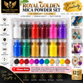 Falcon Traders Royal Golden Mica Powder Set in 12 vibrant colors, featuring 12 small bottles of colored mica powder in a clear plastic case, with color swatches and application icons below.