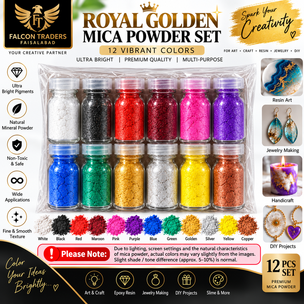 Falcon Traders Royal Golden Mica Powder Set in 12 vibrant colors, featuring 12 small bottles of colored mica powder in a clear plastic case, with color swatches and application icons below.