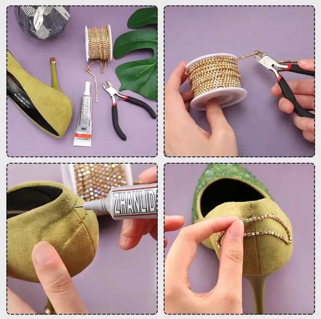 A four-panel collage showing how to embellish a yellow-green high heel shoe with rhinestones. The panels show the shoe, a spool of gold-tone rhinestone chain, pliers, a tube of adhesive labeled ZHANLIDE, and hands applying the chain and gluing the shoe.
