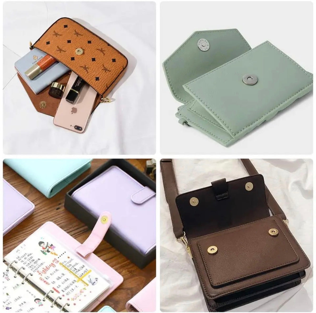 Four-panel collage showing a small crossbody wallet in multiple colors: orange with black monogram pattern and phone/cosmetic contents, mint green, lavender, and dark brown, each shown closed and open on white fabric or a wooden surface.