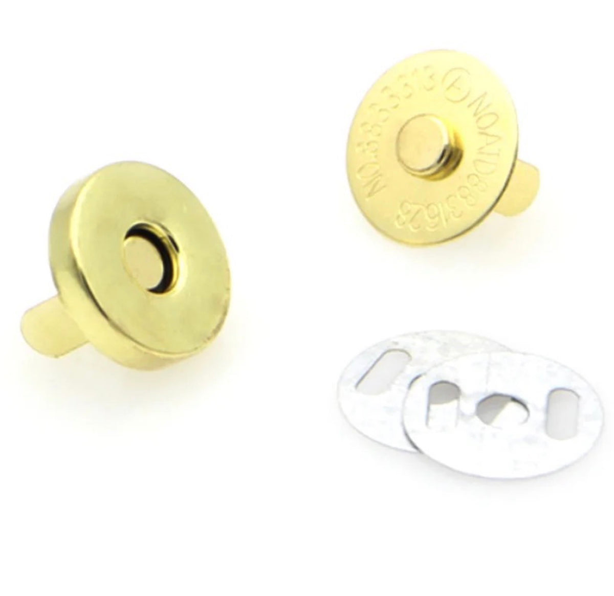 Two gold magnetic snap buttons shown from front and back, alongside two silver metal backing plates on a plain white background.