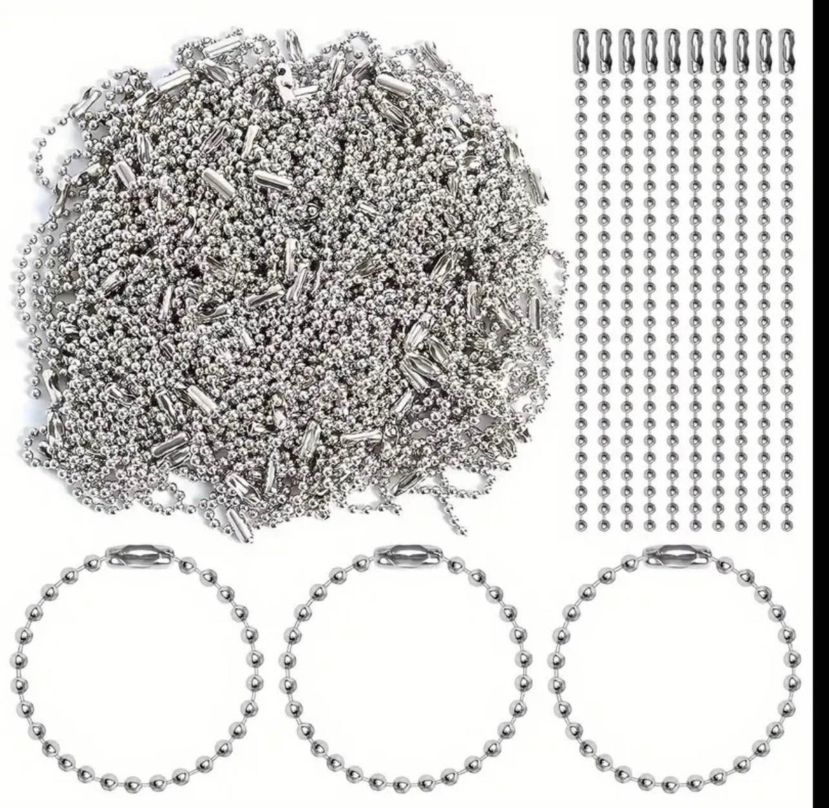 A set of silver stainless steel ball chains, including a large pile of chains, three complete circular chains, and a strip of chain links with metal rings on the right, all displayed on a white background.