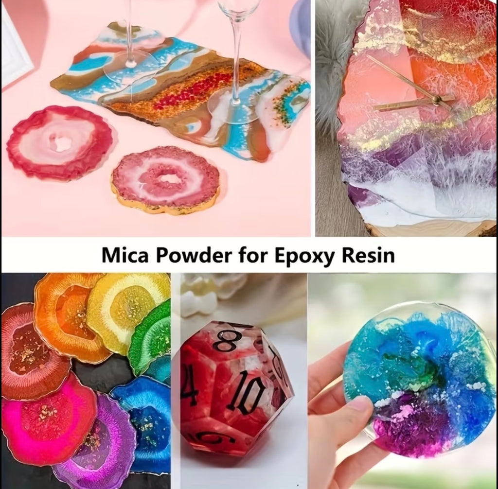A collage showing various colorful epoxy resin items decorated with mica powder, including coasters, a clock, dice, and a decorative bowl, with the text 'Mica Powder for Epoxy Resin' in the center.