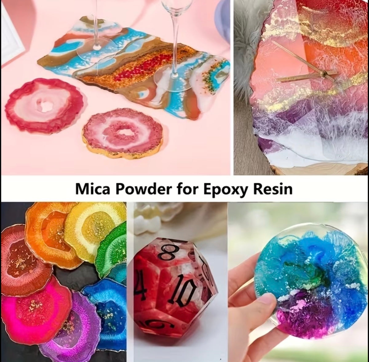 A collage showing various colorful epoxy resin items decorated with mica powder, including coasters, a clock, dice, and a decorative bowl, with the text 'Mica Powder for Epoxy Resin' in the center.