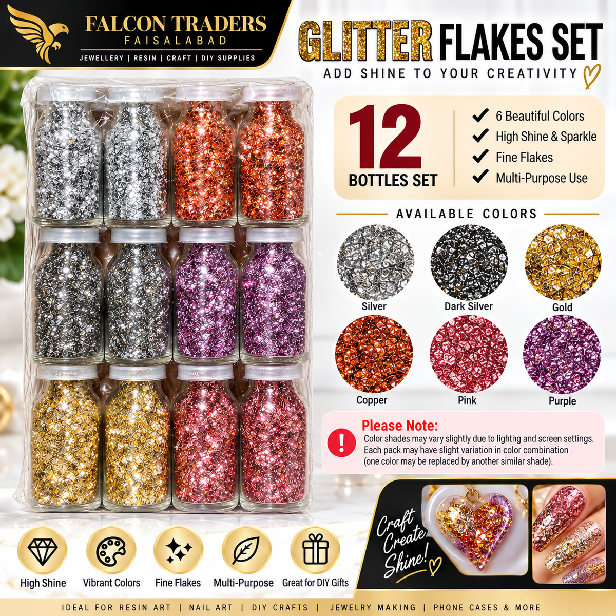 Falcon Traders Faisalabad glitter flakes set in a 12-bottle plastic tray, showing six different glitter colors: silver, dark silver, copper, pink, purple, and gold. The packaging features promotional text highlighting the 12 bottles set, its suitability for resin art, nail art, and DIY crafts, and swatches of the glitter colors.