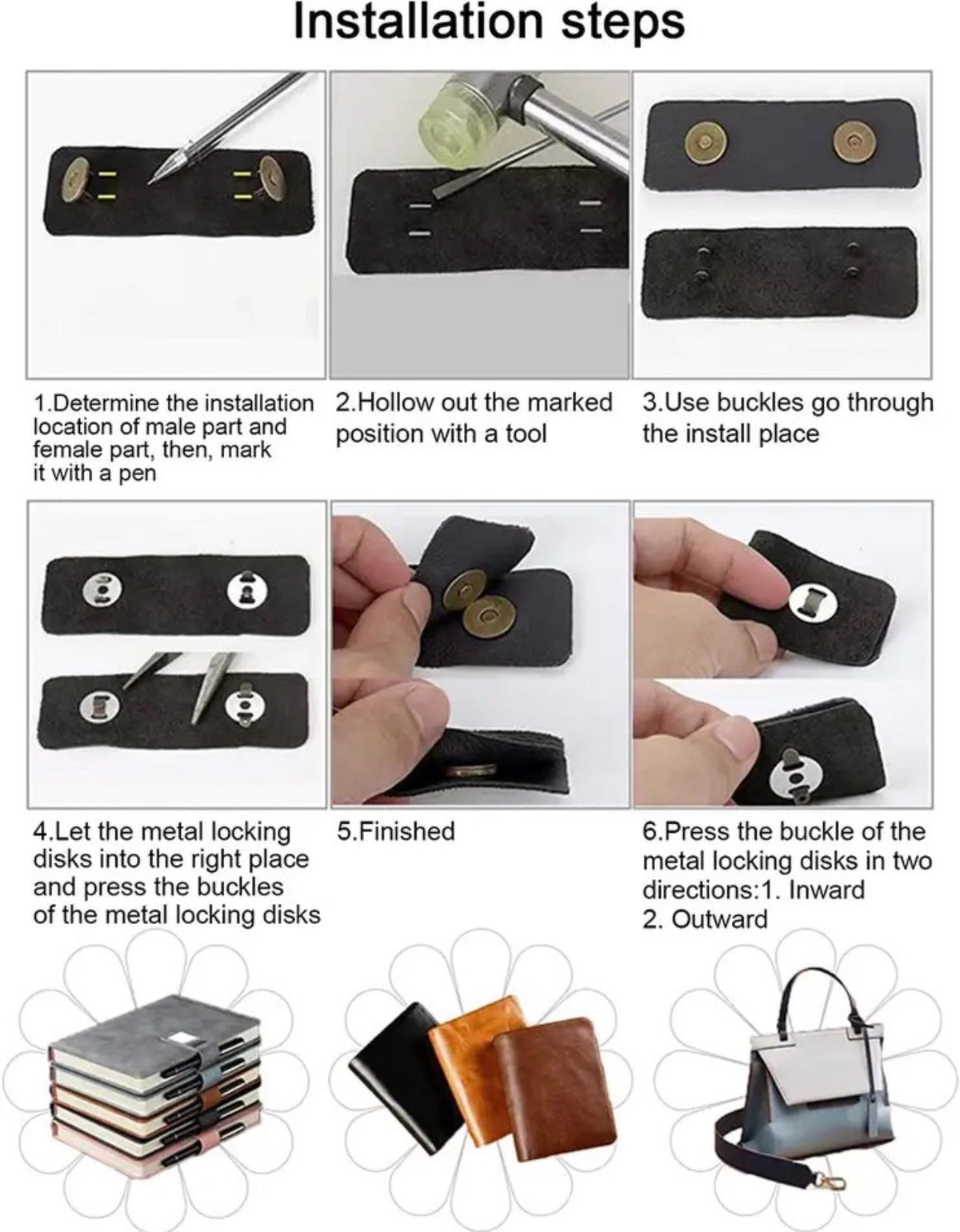 Instruction diagram showing six steps for installing metal buckles on black leather accessories, with small photos of wallets, card cases, and a handbag at the bottom.