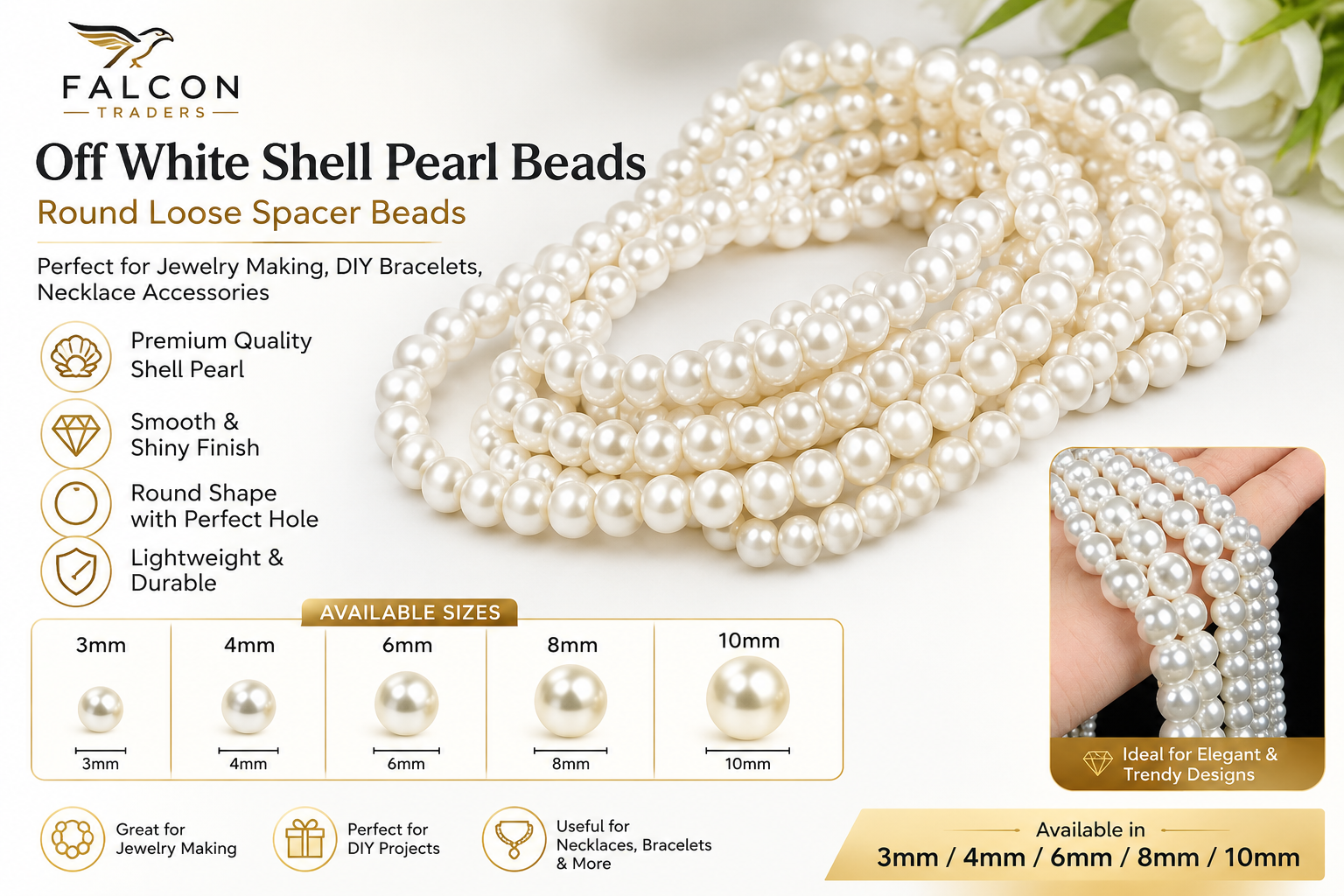 3mm/4mm/6mm/8mm/10mm Off White Shell Pearl Beads – Round Loose Spacer Beads for Jewelry Making, DIY Bracelets & Necklaces