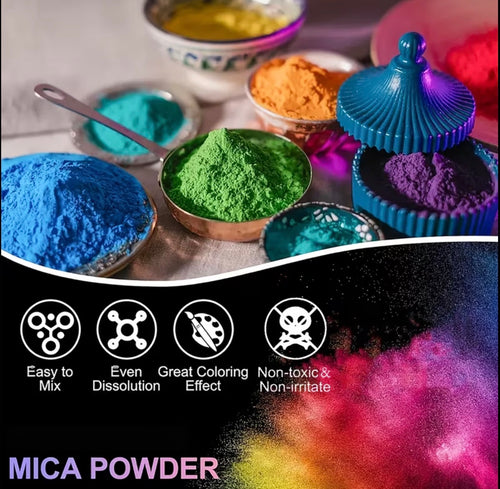 A promotional graphic for MICA POWDER showing several bowls and cups filled with brightly colored powder, including blue, green, purple, orange, and yellow. The top half shows the powders arranged on a tabletop, while the bottom half is a black panel with four feature icons and the text 'Easy to Mix', 'Even Dissolution', 'Great Coloring Effect', 'Non-toxic & Non-irritate', plus 'MICA POWDER' and a colorful powder burst.