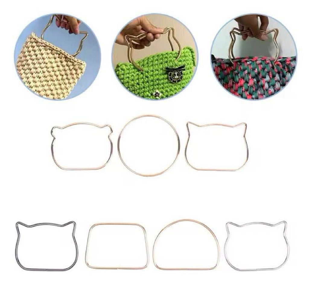 Metallic cat-shaped and oval metal ring molds shown on a white background, with three circular inset photos at the top demonstrating how the rings are used to shape woven or crocheted handles.