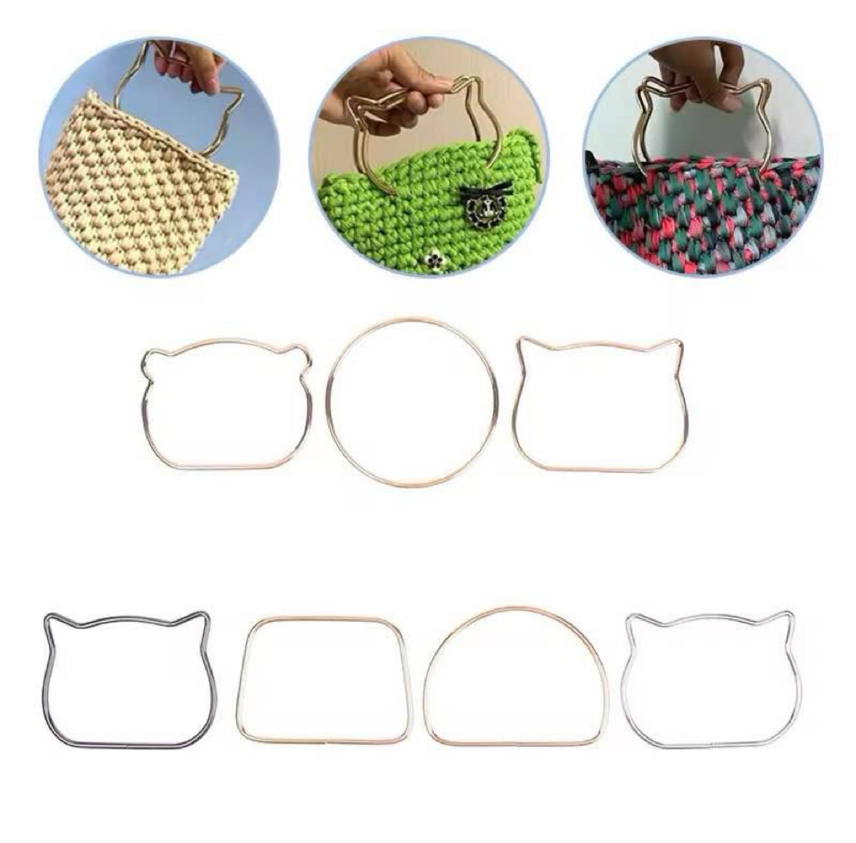 Metallic cat-shaped and oval metal ring molds shown on a white background, with three circular inset photos at the top demonstrating how the rings are used to shape woven or crocheted handles.