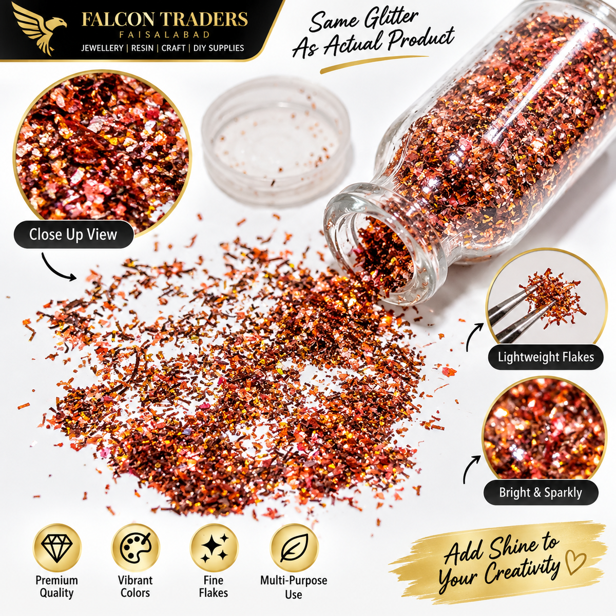 Red glitter flakes spilled from a clear glass jar on a white background, with circular close-up insets showing the texture and color of the flakes. The image includes branding for Falcon Traders and text highlighting qualities like lightweight flakes, bright sparkly appearance, and multi-purpose use.